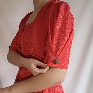 Vintage Red Puff Sleeve Button Up Polyester Blouse Top